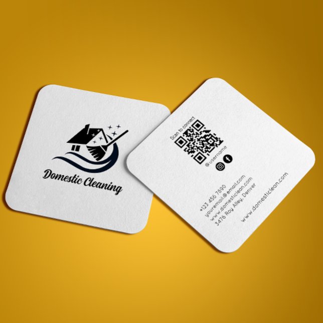 Carte De Visite Carré Services de nettoyage Qr Code Blanc Médias sociaux (Cleaning Services Qr Code White Social Media Icons Square Business Card)
