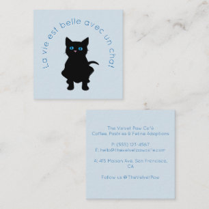 Carte De Visite Carré Silhouette de chat noir yeux bleus citation frança