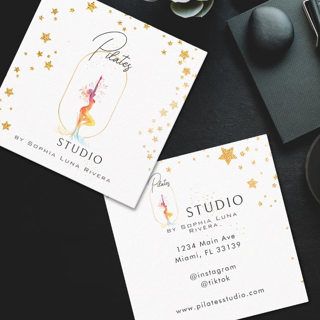 Carte De Visite Carré Silhouette Yoga Spa Studio Beauty Gold Stars (Gold Beauty Silhouette Yoga Spa Studio Square Business Card)