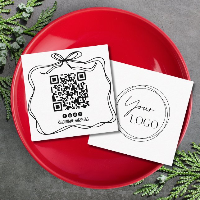 Carte De Visite Carré Simple Doodle Bow Your Logo Social Media QR Code (Créateur téléchargé)