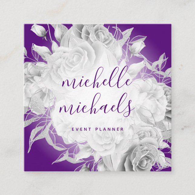 Carte De Visite Carré Simple Floral Purple & Silver Script moderne (Devant)