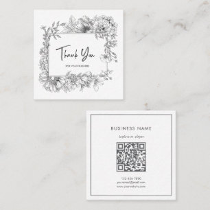Carte De Visite Carré Simple ligne florale Art gris blanc QRCode Merci