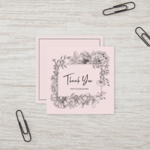 Carte De Visite Carré Simple ligne florale Art gris rose QRCode Merci