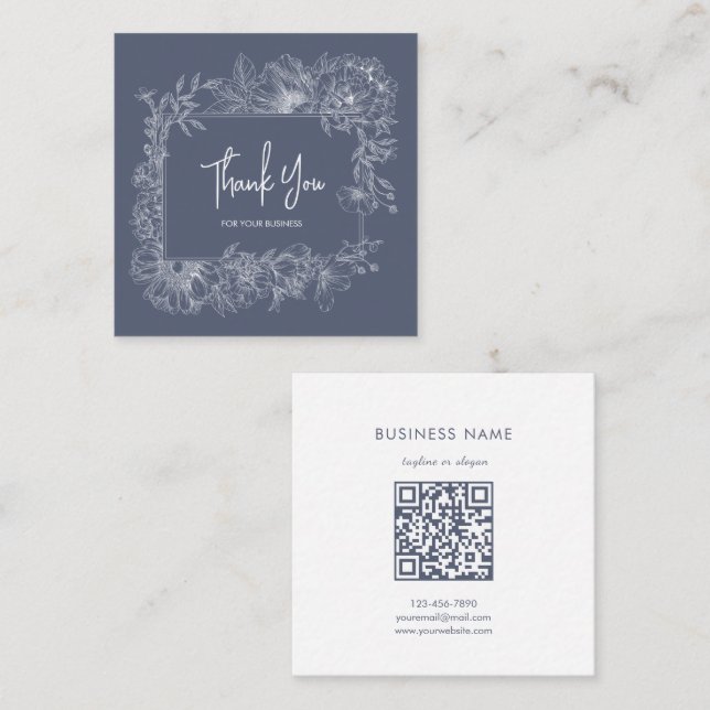 Carte De Visite Carré Simple ligne florale code QR bleu atténué Merci (Devant / Derrière)