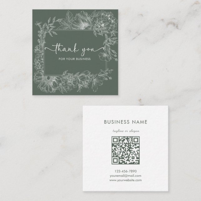 Carte De Visite Carré Simple ligne florale verte sourd code QR Merci (Devant / Derrière)