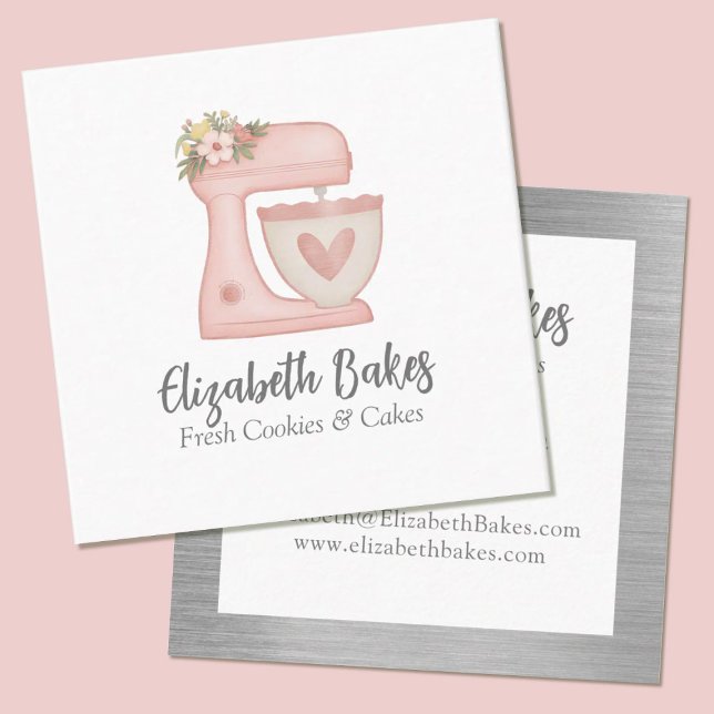 Carte De Visite Carré Simple Mixer Floral Cake Bakery Business Card (A cute floral Pink mixer bakery business card. Personalize it with your information.)