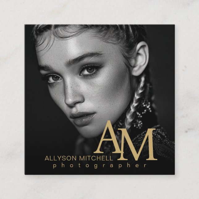Carte De Visite Carré Simple Modern Black Gold Photo QR Photography (Devant)