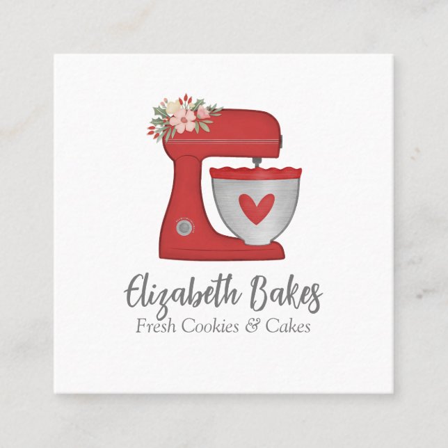 Carte De Visite Carré Simple Red Mixer Floral Cake Bakery Business Card (Devant)