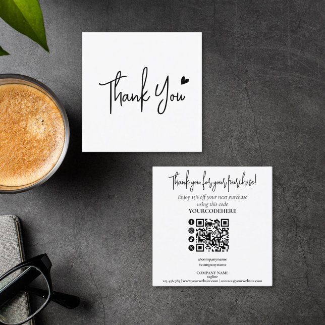 Carte De Visite Carré simple script minimal merci pour votre commande (minimalist black and white script thank you for your purchase card)