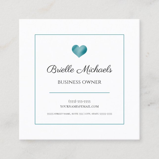 Carte De Visite Carré Simple Turquoise Blue Heart Logo Contact (Devant)