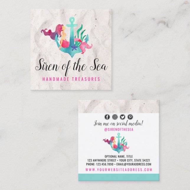 Carte De Visite Carré Sirène sur l'Ancre Nautique Aquarelle Médias socia (Devant / Derrière)