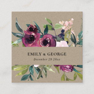 CARTE DE VISITE CARRÉ SITE MARIAGE DE KRAFT BLUSH BURGUNDY FLORAL BUNCH