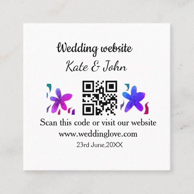 Carte De Visite Carré Site web mariage minimal simple Q R code ajouter n (Devant)