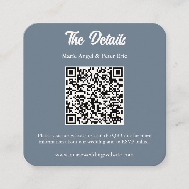 Carte De Visite Carré Slate Blue Monogram QR Code Wedding Details  (Devant)