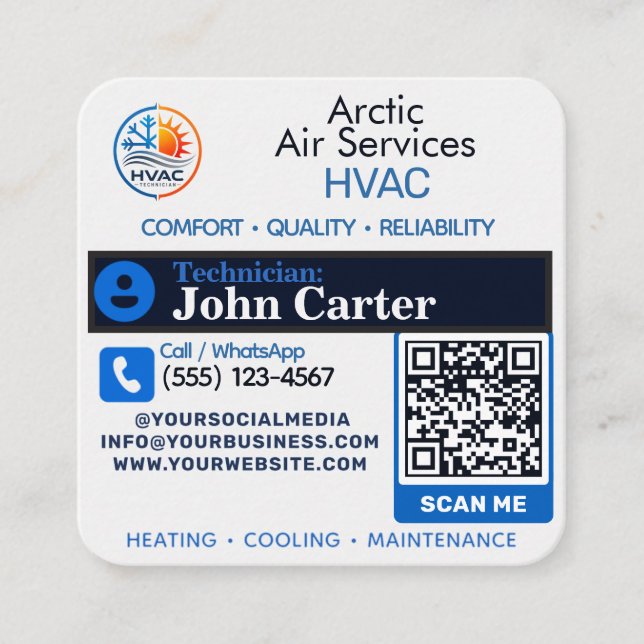 Carte De Visite Carré Slogans CVC Technicien logo Code Qr (Devant)