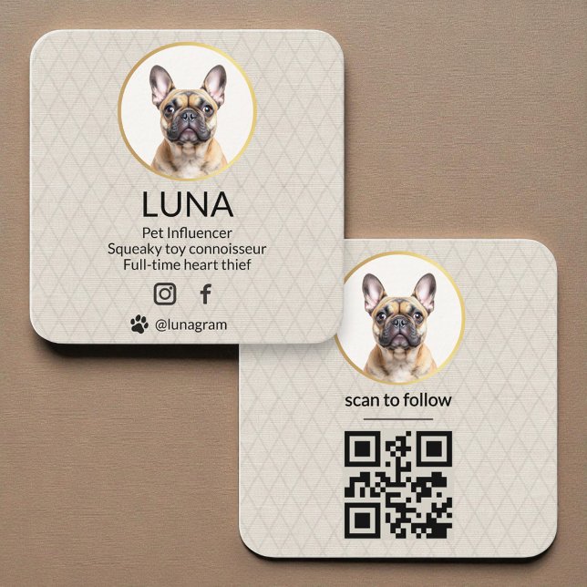 Carte De Visite Carré  Social Media QR Code Gold Dog Pet Linen Photo  (Créateur téléchargé)