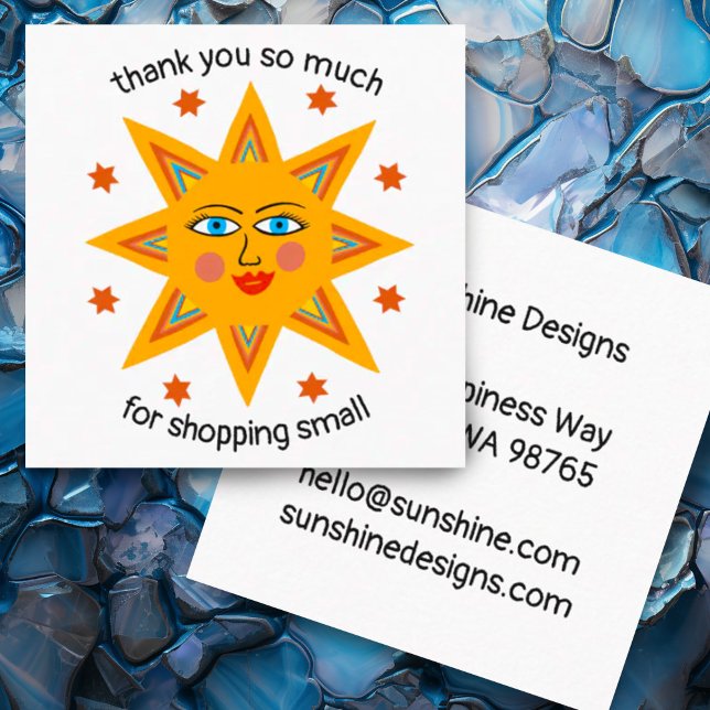 Carte De Visite Carré Soleil joyeux Merci PERSONNALISÉ Shopping Petit (Small business thank you for your order custom card with cheerful sun)