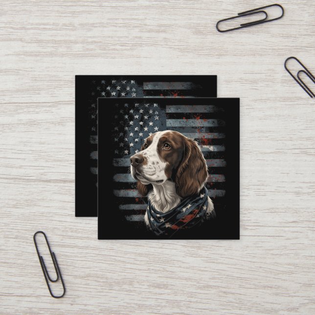 Carte De Visite Carré Springer Spaniel Chien Drapeau Américain (Devant/Arrière en situation)