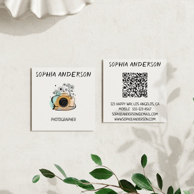 Carte De Visite Carré Square Floral Camera Photographer with QR Code  (Créateur téléchargé)