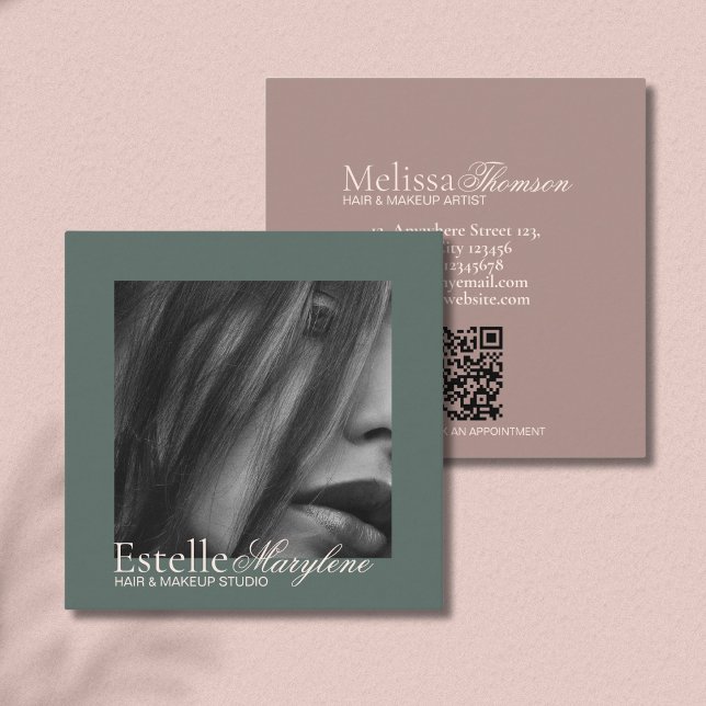 Carte De Visite Carré Studio De Cheveux Moderne Vert Brown Script (Créateur téléchargé)
