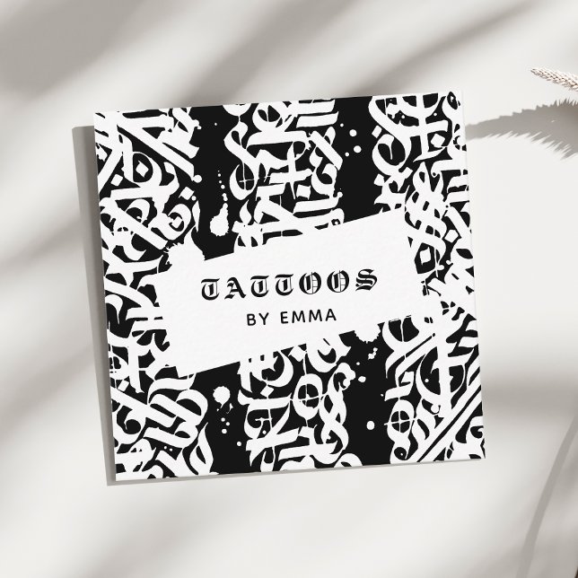 Carte De Visite Carré Style tatouage Calligraphie noir et blanc Typograp (Créateur téléchargé)