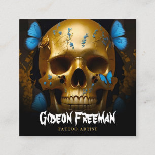 Carte De Visite Carré Stylo Gold Skull Papillons Tattoo Artiste