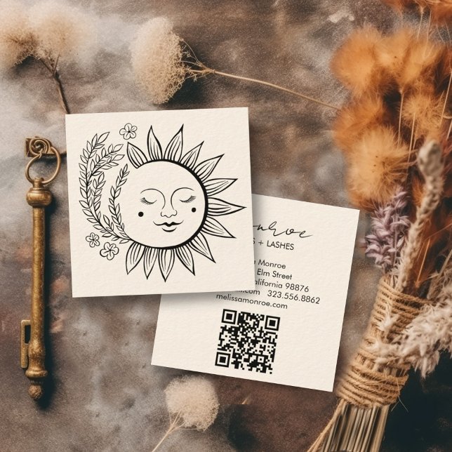 Carte De Visite Carré Sun Floral Boho Line Art élégant QR Code Cream (Custom business cards with QR code, decorated with a sun and floral pattern. Add your own details)