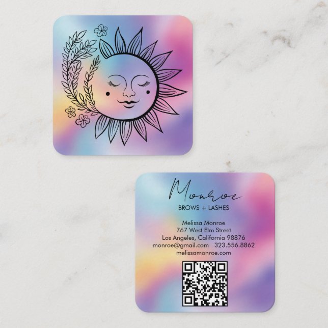 Carte De Visite Carré Sun Floral Boho Line Art Elegant QR Code Rainbow  (Devant / Derrière)