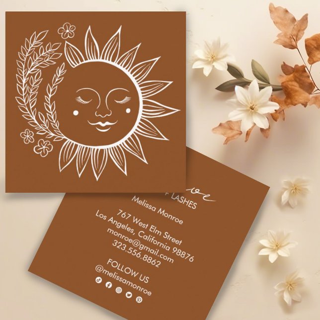 Carte De Visite Carré Sun Flowers Boho Line Art Earthy Social Media (Pretty boho herbs and floral sun line art. Edit the text and social icons to suit your needs & shine)