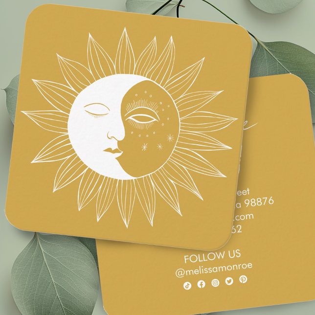 Carte De Visite Carré Sun & Moon Boho Line Art Elegant Or Icônes sociale (Sun & Moon Boho Line Art Elegant Gold Social Icons Square Business Card
)