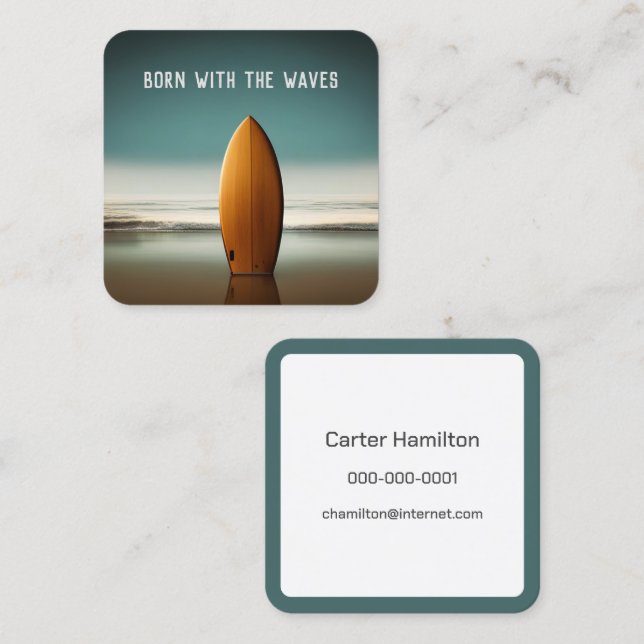 Carte De Visite Carré Surf En Bois Droit Sur Ocean Beach (Devant / Derrière)