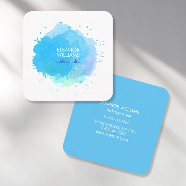 Carte De Visite Carré Tache d'aquarelle bleue moderne chic (Créateur téléchargé)