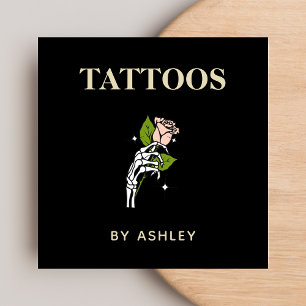 Carte De Visite Carré Tatouage Artiste Salon Tiger Squelette Main et Ros