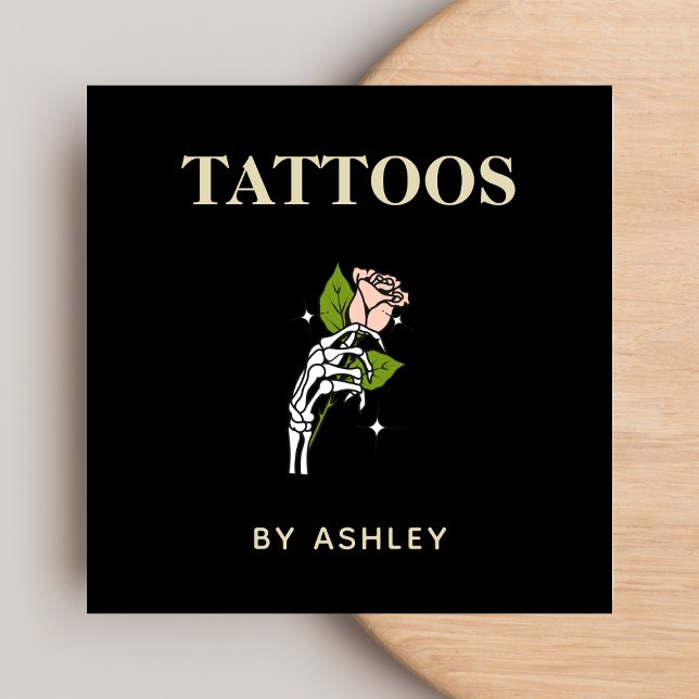 Carte De Visite Carré Tatouage Artiste Salon Tiger Squelette Main et Ros (Créateur téléchargé)