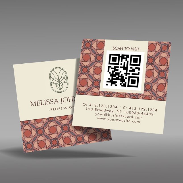 Carte De Visite Carré Terracotta Geometric Square QR Business Card (Créateur téléchargé)