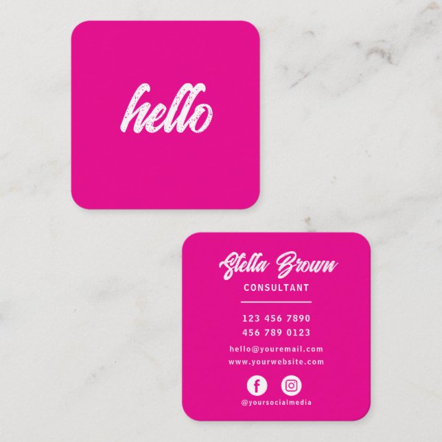 Carte De Visite Carré Texte gras chic Hello rose féminin (Devant / Derrière)