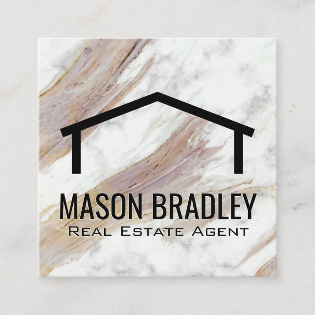 Carte De Visite Carré Texture Marbre blanc | Icône du toit (Devant)