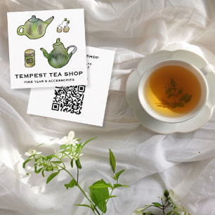 Carte De Visite Carré Théière aquarelle Café de thé CUSTOM QR
