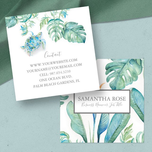 Carte De Visite Carré Tortue marine à l'aquarelle dans la végétation tro (Florida tropical sea turtle business cards feature watercolor art Victoria Grigaliunas DoTellABelle)