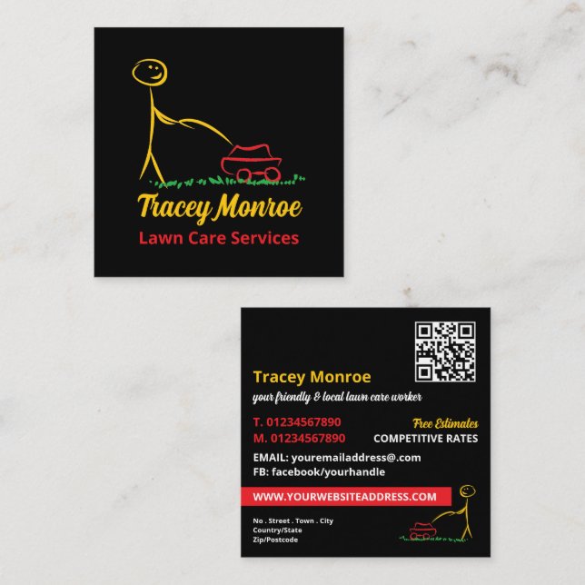 Carte De Visite Carré Travailleur de soins de pelouse, Services de soins (Devant / Derrière)