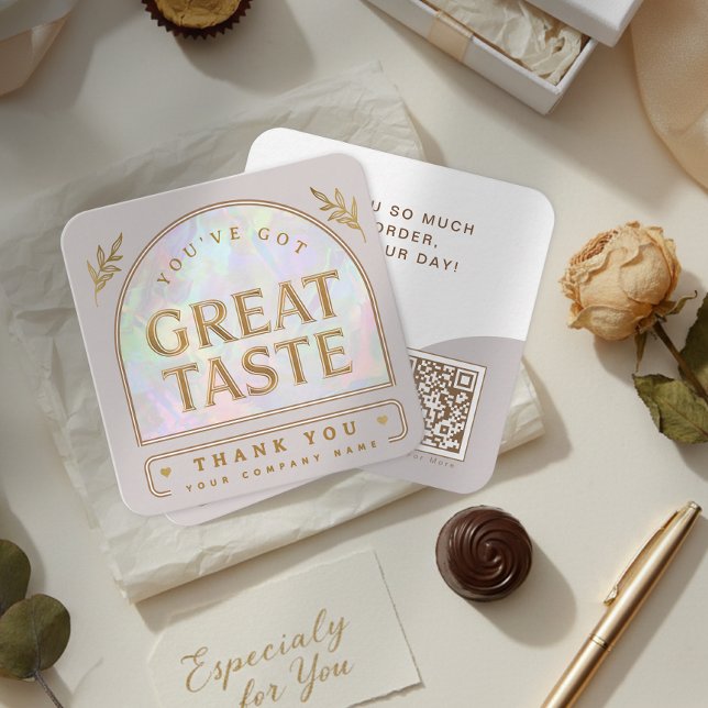 Carte De Visite Carré Trendy Chic Holographic Aura Arch Beige Thank you (Trendy Chic Holographic Aura Arch Beige Thank you Square Business Card)