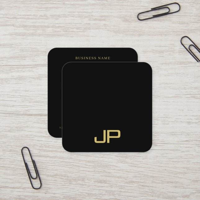 Carte De Visite Carré Trendy Elegant Template Monogram Black And Gold (Devant/Arrière en situation)