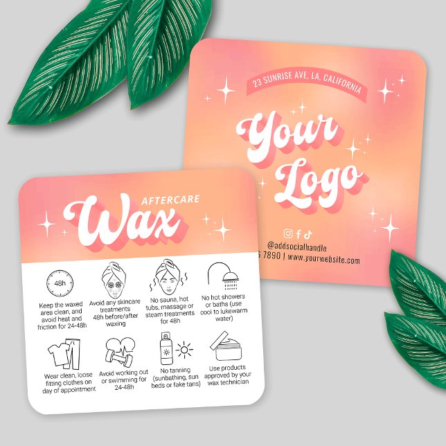 Carte De Visite Carré Trendy Girly Peach Groovy Waxing Aftercare Guide (waxing prep + aftercare instructions cards in trendy groovy style with your logo and custom text)