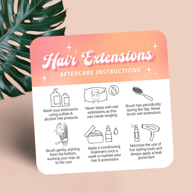 Carte De Visite Carré Trendy Retro Peach Logo Hair Extensions Aftercare (Hair extensions aftercare instructions cards in trendy groovy style with your logo and custom text)