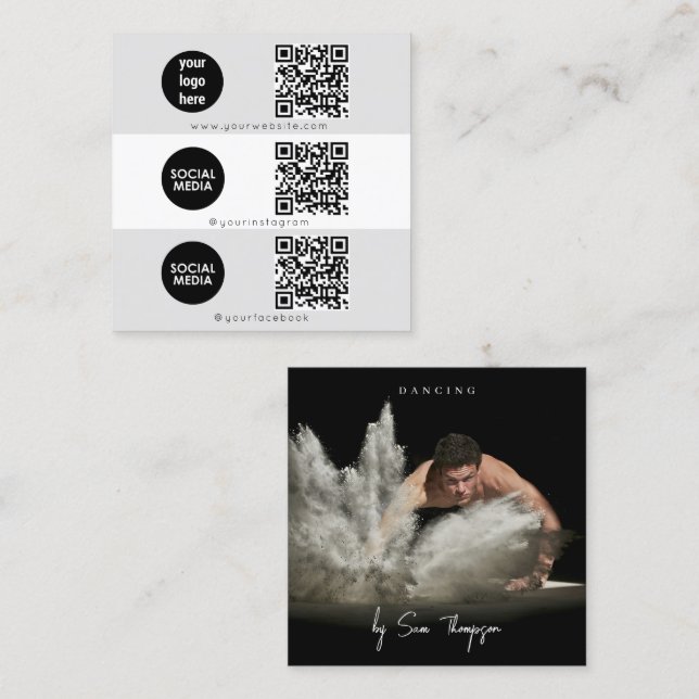 Carte De Visite Carré Triple Icon QR Code Custom Social Media Logo Danse (Devant / Derrière)