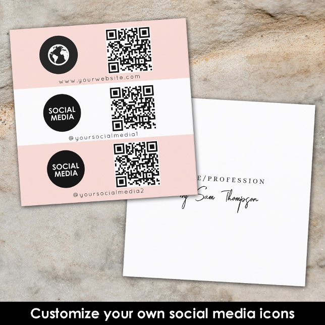 Carte De Visite Carré Triple Icon QR Code personnalisé Médias sociaux ro (Triple Icon QR Code Custom Social Media Pink Square Business Card)