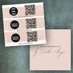 Carte De Visite Carré Triple Icon QR Code Social Media Logo Blush Pink