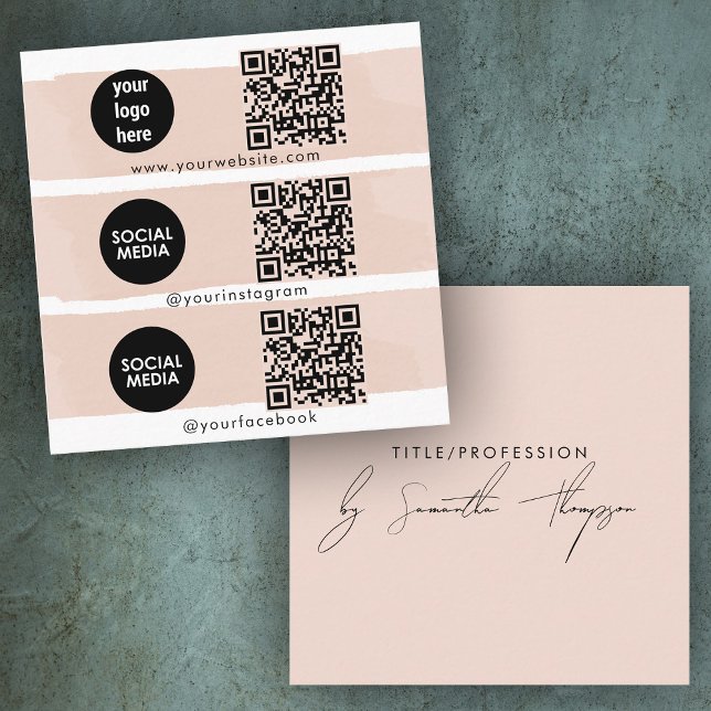 Carte De Visite Carré Triple Icon QR Code Social Media Logo Blush Pink (Triple Icon QR Code Social Media Logo Blush Pink Square Business Card)