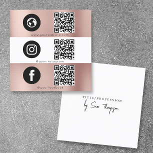 Carte De Visite Carré Triple Icon QR Code Social Media Rose Gold