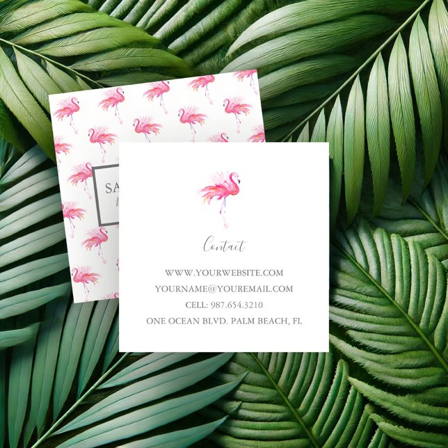 Carte De Visite Carré Tropical rose Flamingo (Tropical pink flamingo business cards watercolor art by Victoria Grigaliunas of Do Tell A Belle)